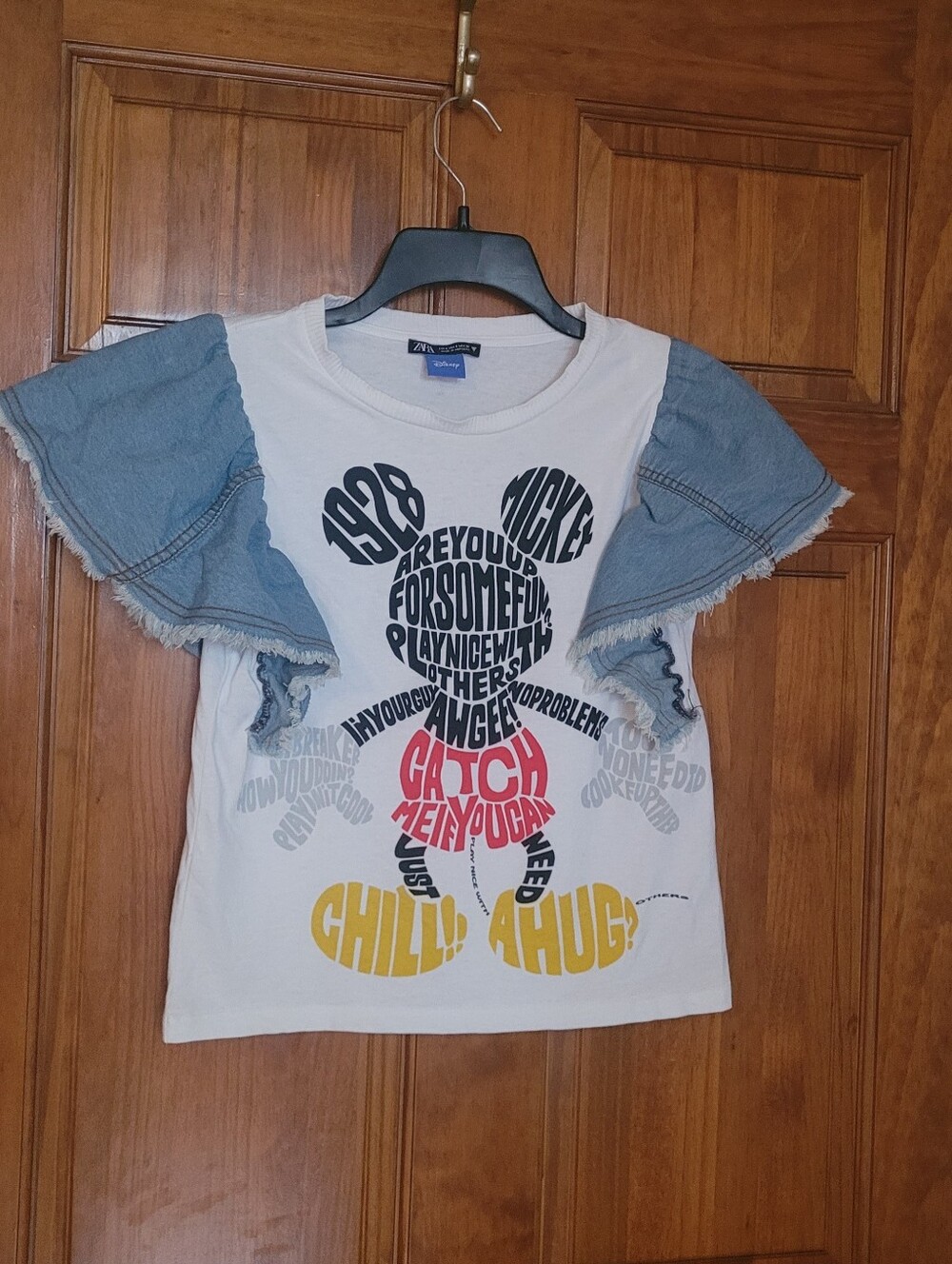 ZARA X DISNEY Ladies Mickey Mouse Denim Raw Hem Sleeve Cotton T-Shirt- Small